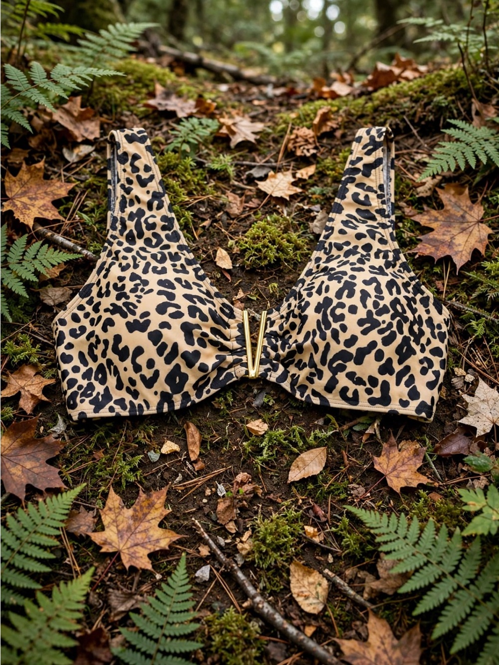 Leopard Print V-Front Bikini Bra - Tan & Black